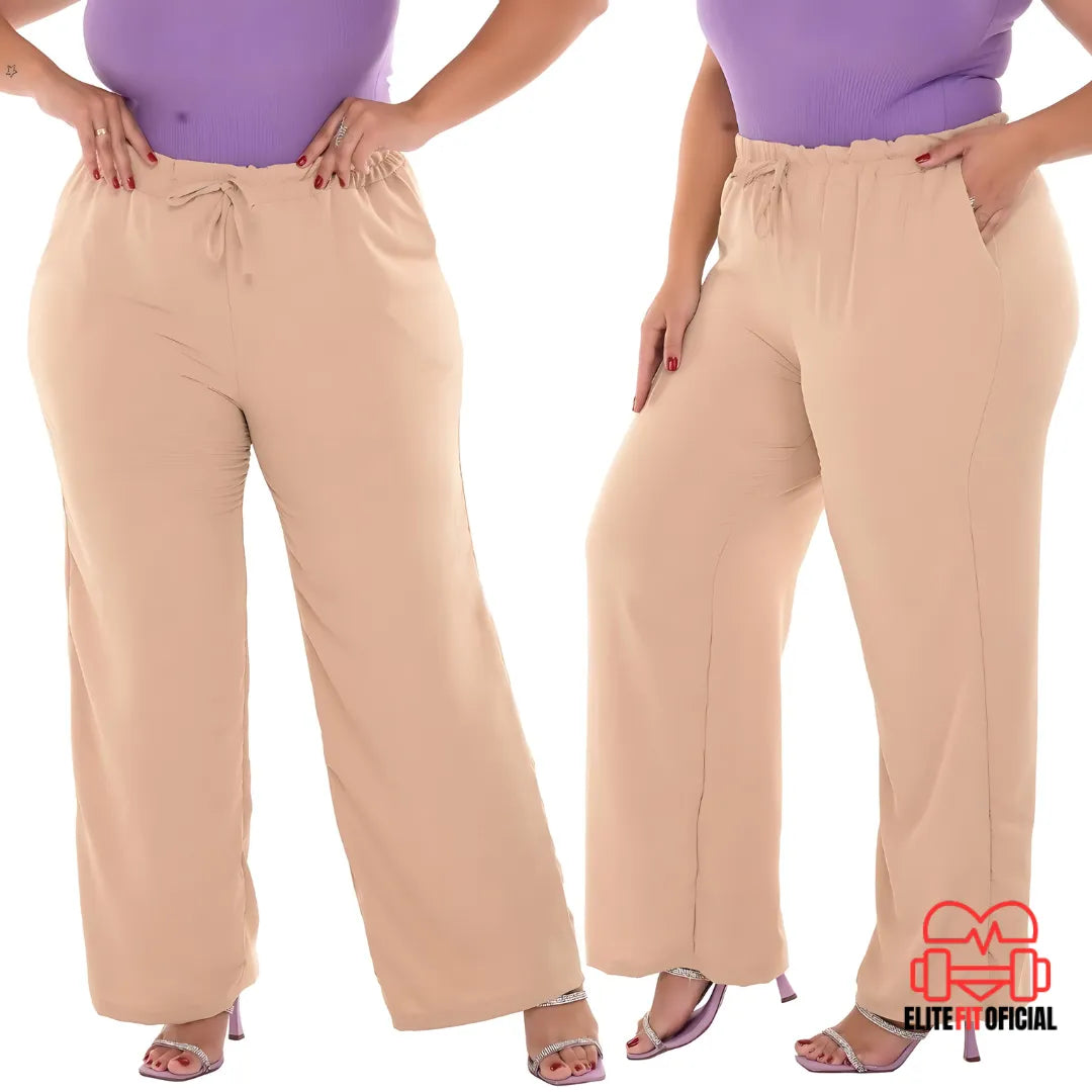 Calça Pantalona Plus Size Feminina com Elástico na Cintura e Bolsos - Elite Fit Oficial