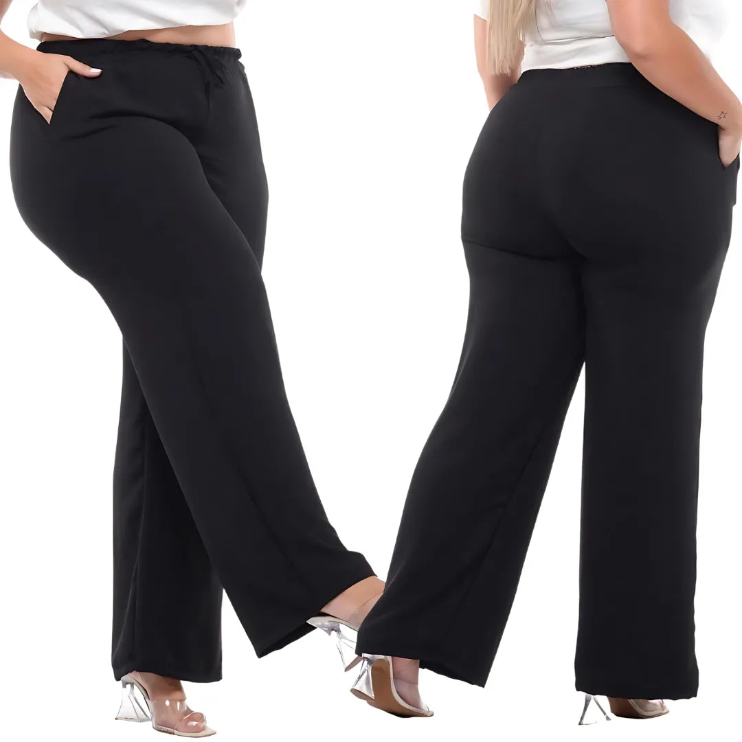 Calça Pantalona Plus Size Feminina com Elástico na Cintura e Bolsos - Elite Fit Oficial