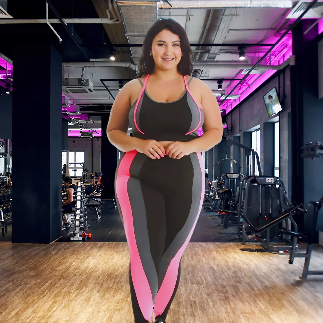 Conjunto Fitness Plus Size Detalhe Neon Calça e Top com Bojo