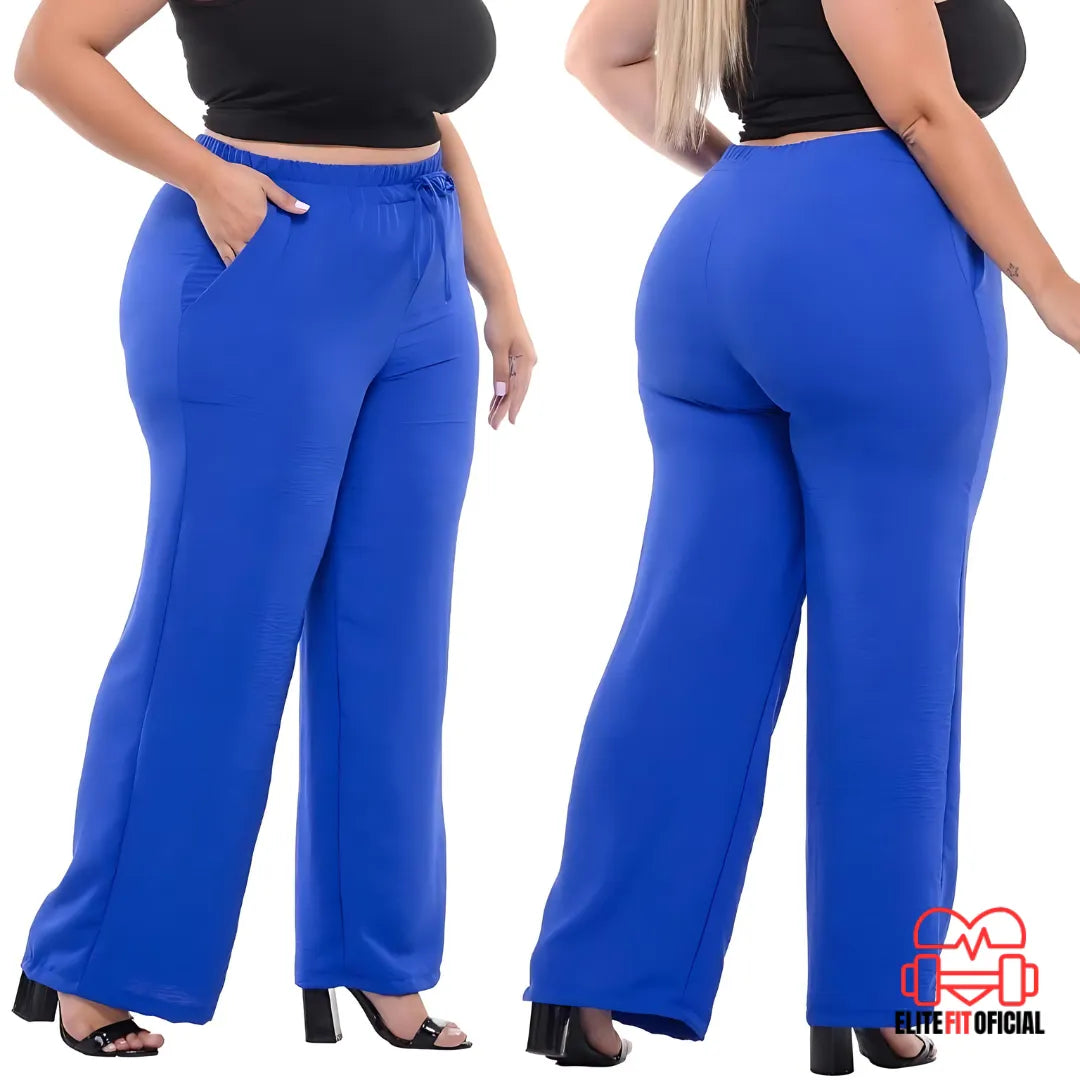 Calça Pantalona Plus Size Feminina com Elástico na Cintura e Bolsos - Elite Fit Oficial