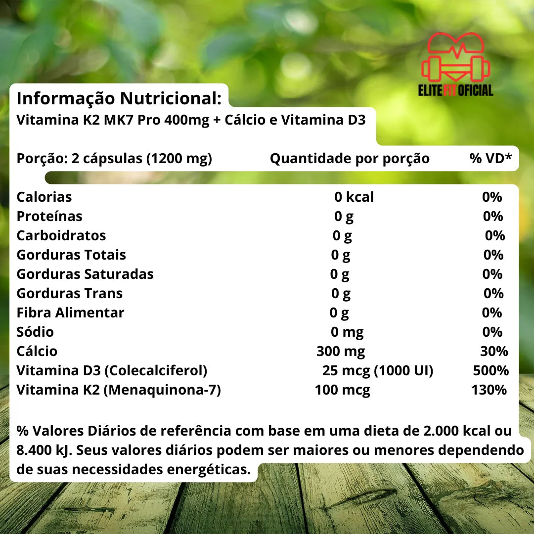 Vitamina K2 MK7 Pro 400mg + Cálcio e Vitamina D3 - Elite Fit Oficial