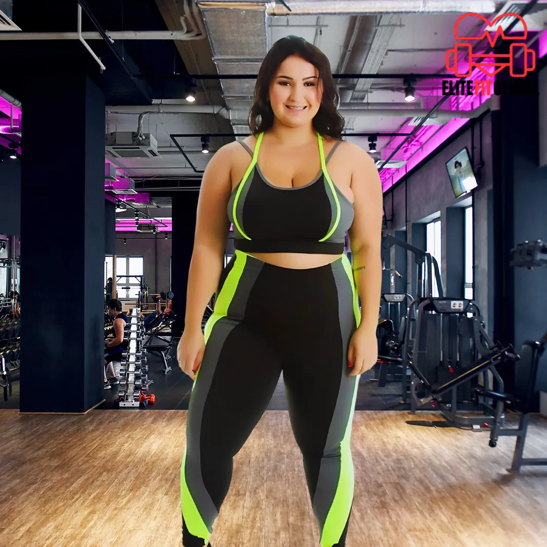 Conjunto Fitness Plus Size Detalhe Neon Calça e Top com Bojo - Elite Fit Oficial