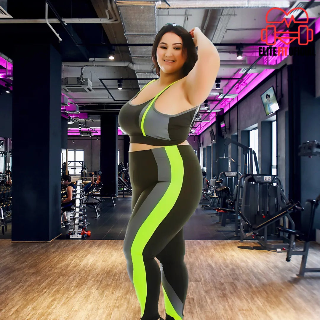 Conjunto Fitness Plus Size Detalhe Neon Calça e Top com Bojo - Elite Fit Oficial