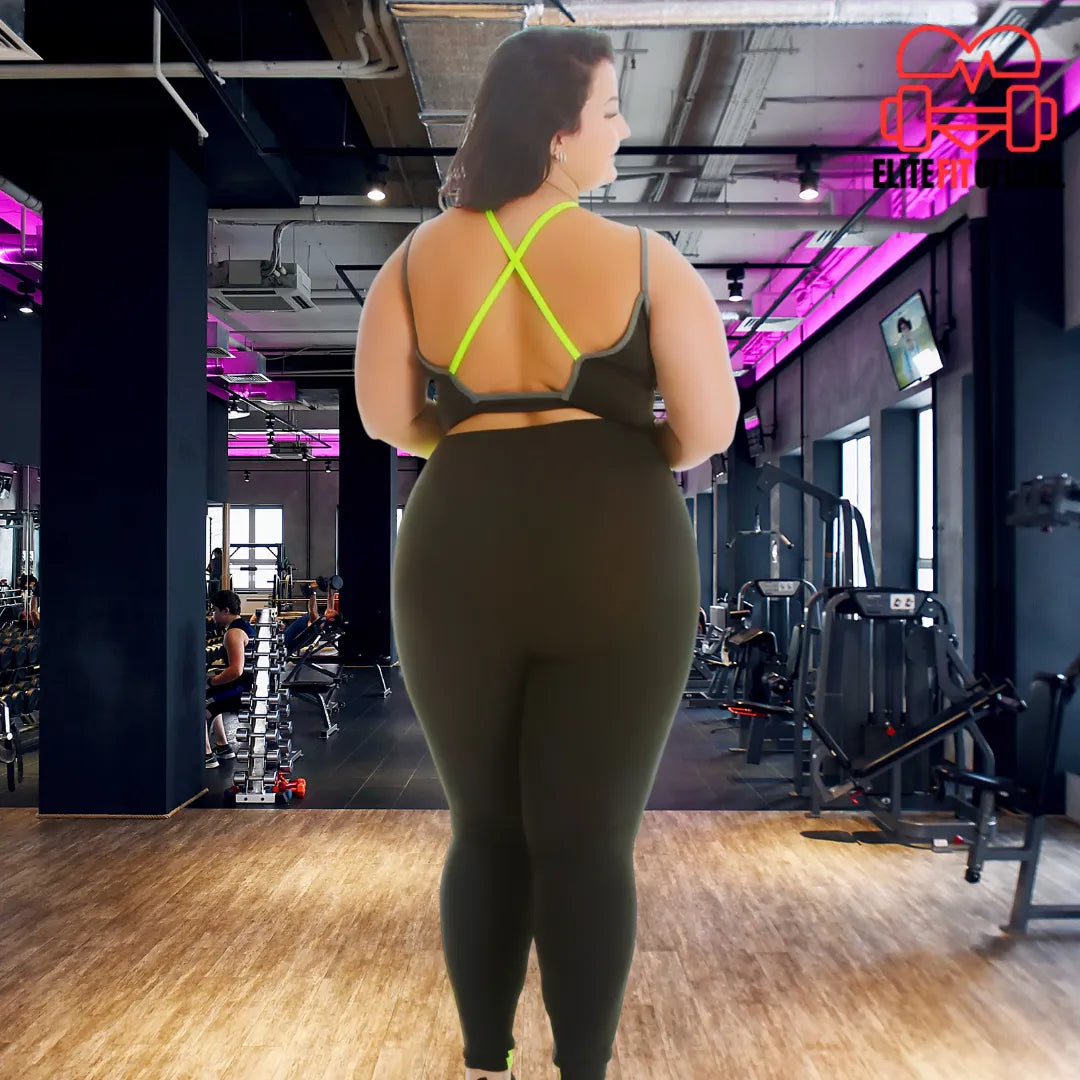 Conjunto Fitness Plus Size Detalhe Neon Calça e Top com Bojo - Elite Fit Oficial